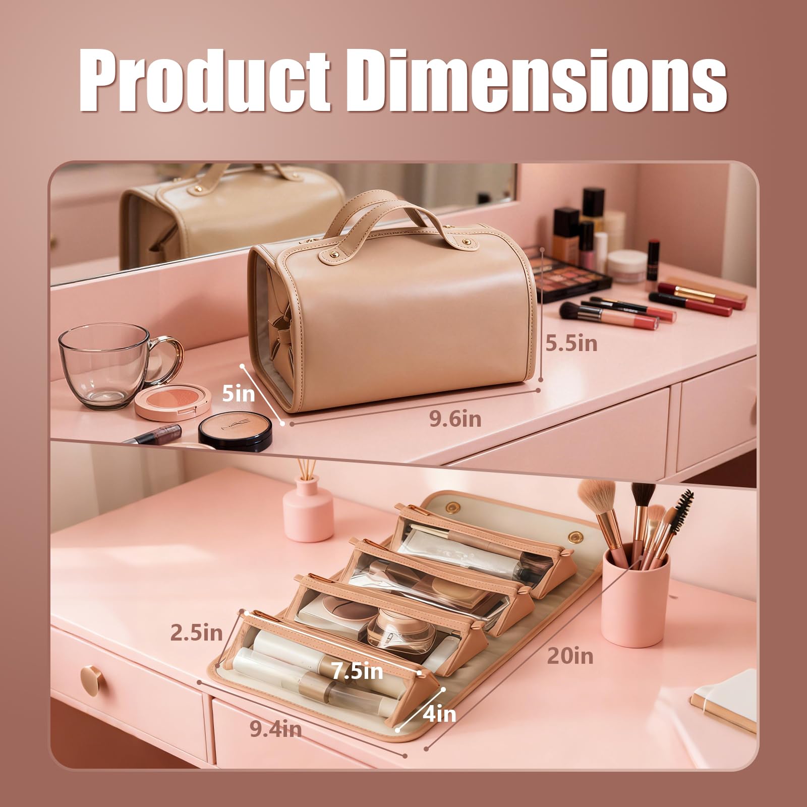 4-in-1 Expandable Makeup Bag with Removable Pockets – Waterproof Travel Cosmetic Organizer for Women, Large Capacity Vanity Case with Hanging Design (Brown)