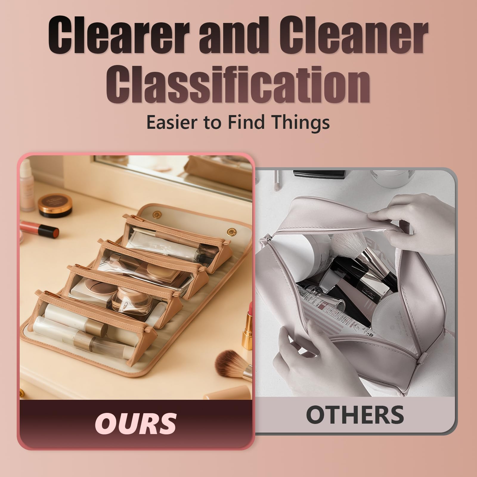 4-in-1 Expandable Makeup Bag with Removable Pockets – Waterproof Travel Cosmetic Organizer for Women, Large Capacity Vanity Case with Hanging Design (Brown)