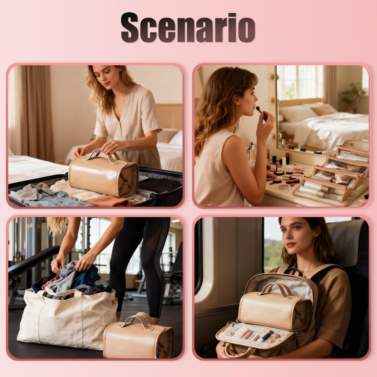 4-in-1 Expandable Makeup Bag with Removable Pockets – Waterproof Travel Cosmetic Organizer for Women, Large Capacity Vanity Case with Hanging Design (Brown)