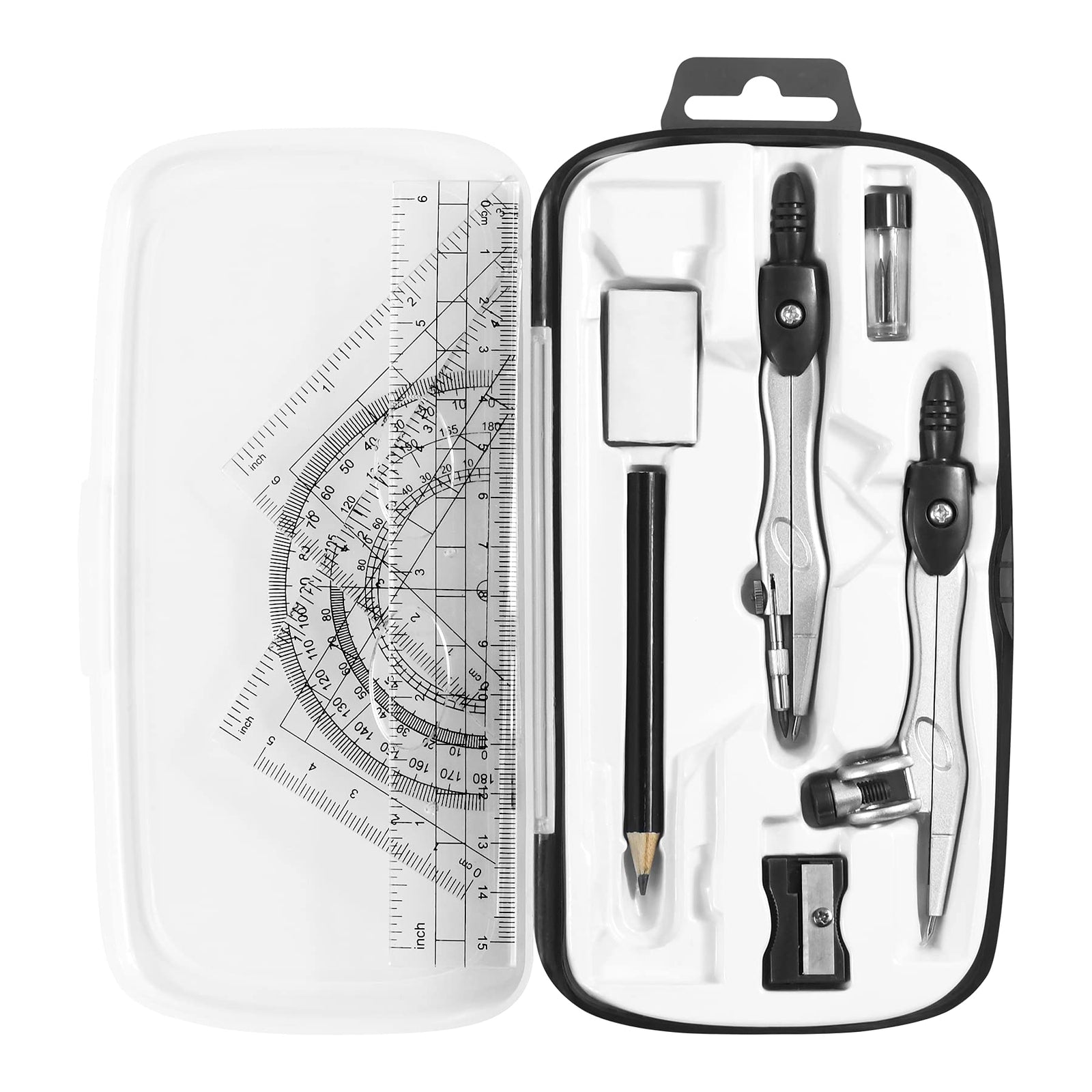 Complete 10-Piece Geometry Kit Set – Precision Drafting Tools with Metal Compasses, Rulers, Protractor & Pencil Sharpener – Ideal for Students, Engineers & Artists (Black)
