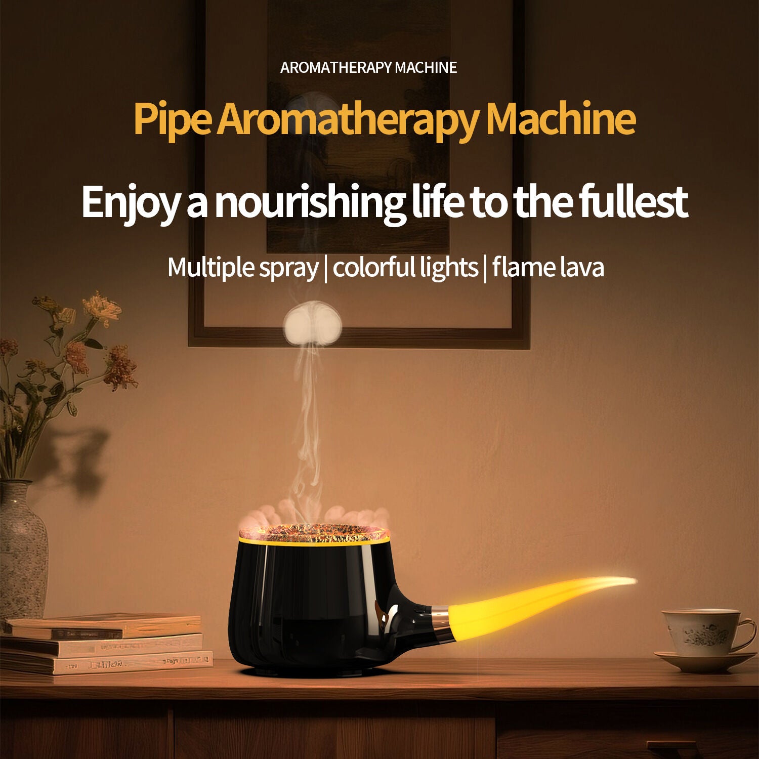 Pipe-Shaped Aromatherapy Humidifier with LED Flame & Mist – USB Desk Diffuser for Home, Office, Bedside (White) | Black Version Available In-Store