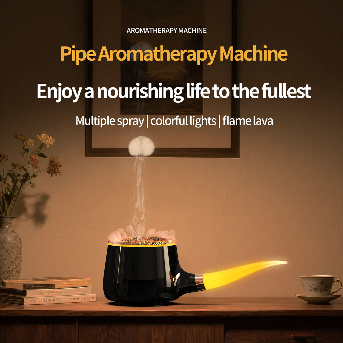 Pipe-Shaped Aromatherapy Humidifier with LED Flame & Mist – USB Desk Diffuser for Home, Office, Bedside (Black) | White Version Available In-Store