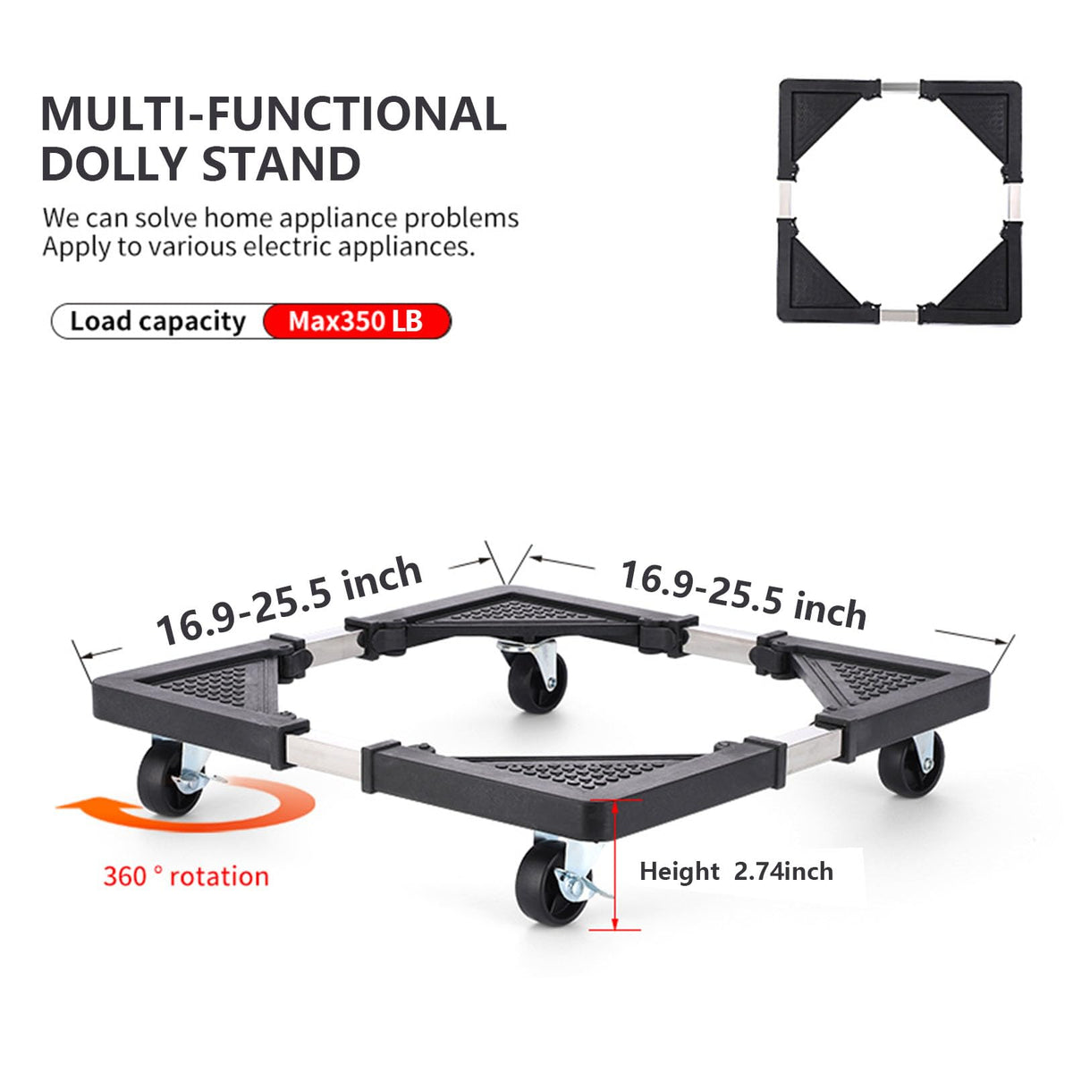 Adjustable Appliance Dolly Stand with 4 Locking Wheels – Expandable Base from 16.9 to 25.6 Inch, Heavy-Duty Furniture Moving Cart for Refrigerator, Washer, Cabinet, Air Conditioner (Black)
