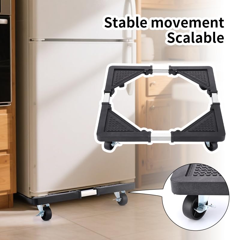 Adjustable Appliance Dolly Stand with 4 Locking Wheels – Expandable Base from 16.9 to 25.6 Inch, Heavy-Duty Furniture Moving Cart for Refrigerator, Washer, Cabinet, Air Conditioner (Black)