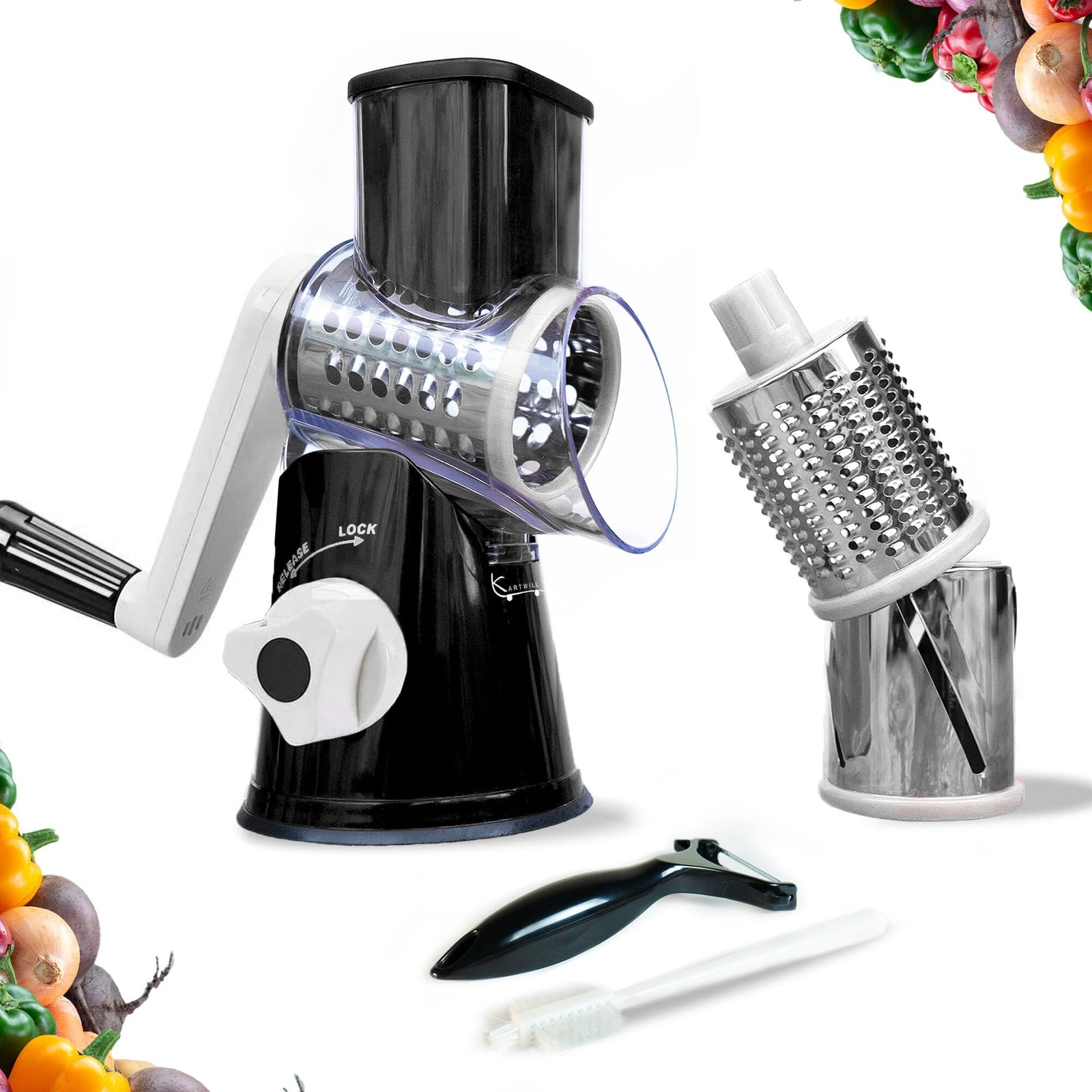 Manual Rotary Food Slicer & Grater with 3 Stainless Steel Drums – Suction Base Vegetable Shredder for Cheese, Potatoes & More (Black)