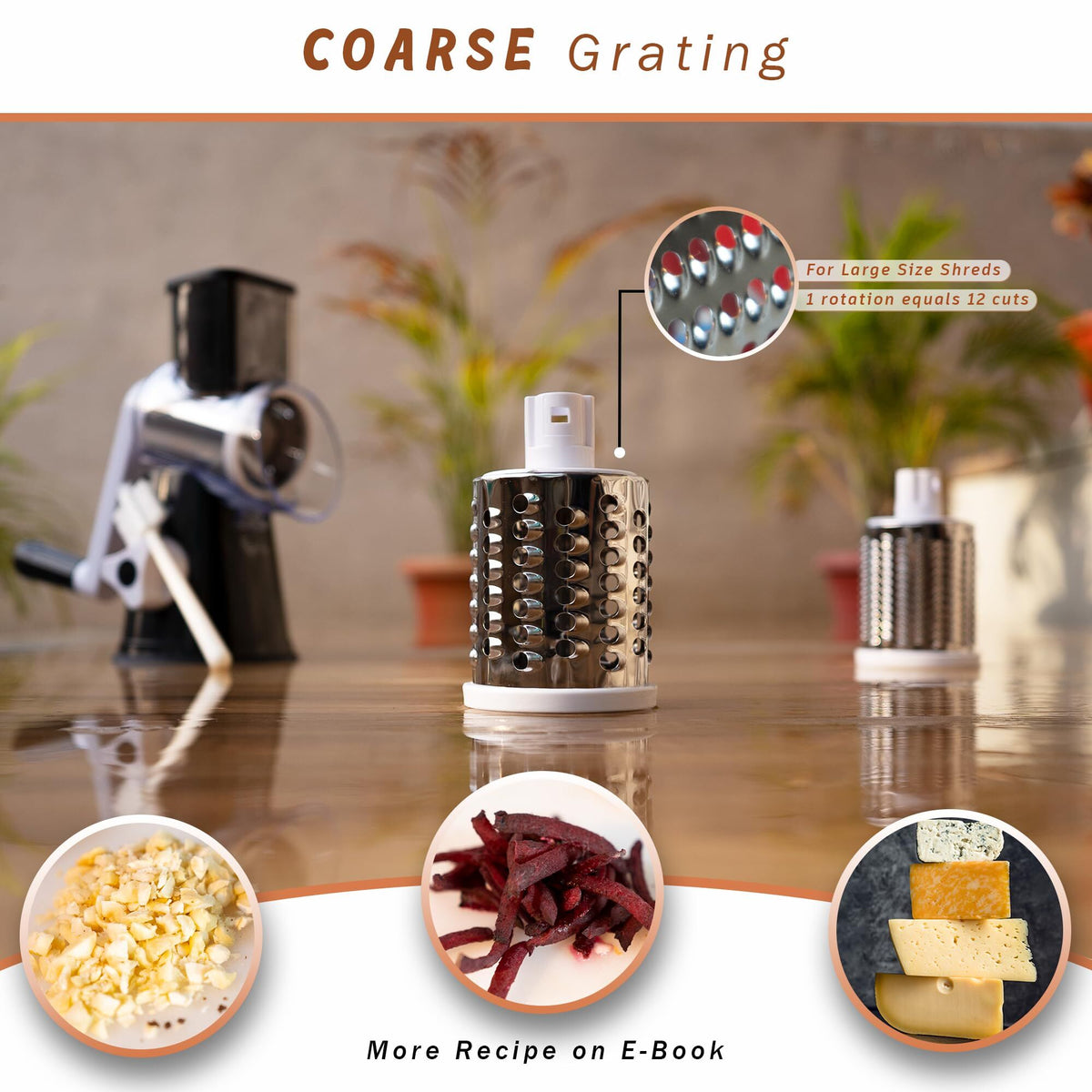 Manual Rotary Food Slicer & Grater with 3 Stainless Steel Drums – Suction Base Vegetable Shredder for Cheese, Potatoes & More (Black)