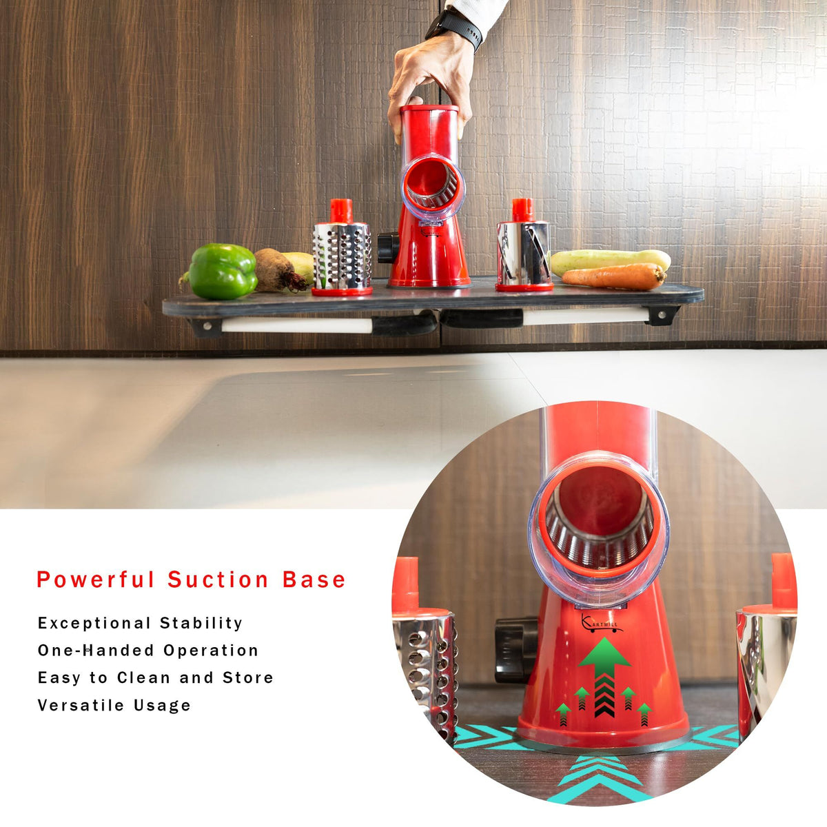 Manual Rotary Food Slicer & Grater with 3 Stainless Steel Drums – Suction Base Vegetable Shredder for Cheese, Potatoes & More (Black)