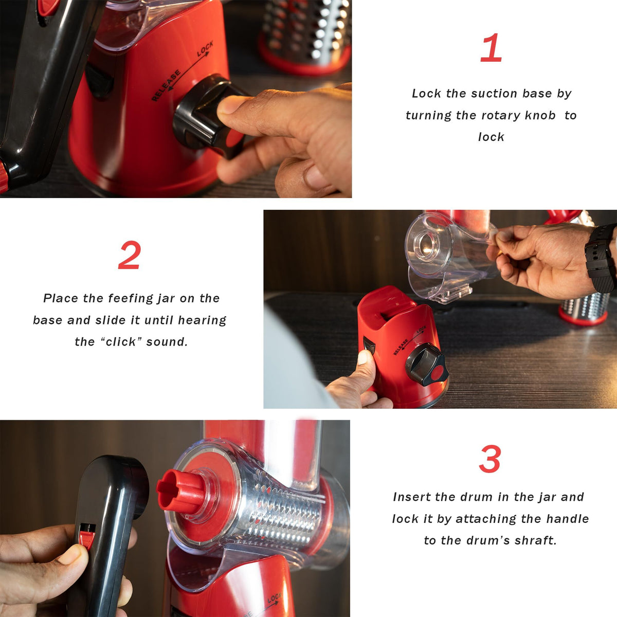 Manual Rotary Food Slicer & Grater with 3 Stainless Steel Drums – Suction Base Vegetable Shredder for Cheese, Potatoes & More (Black)