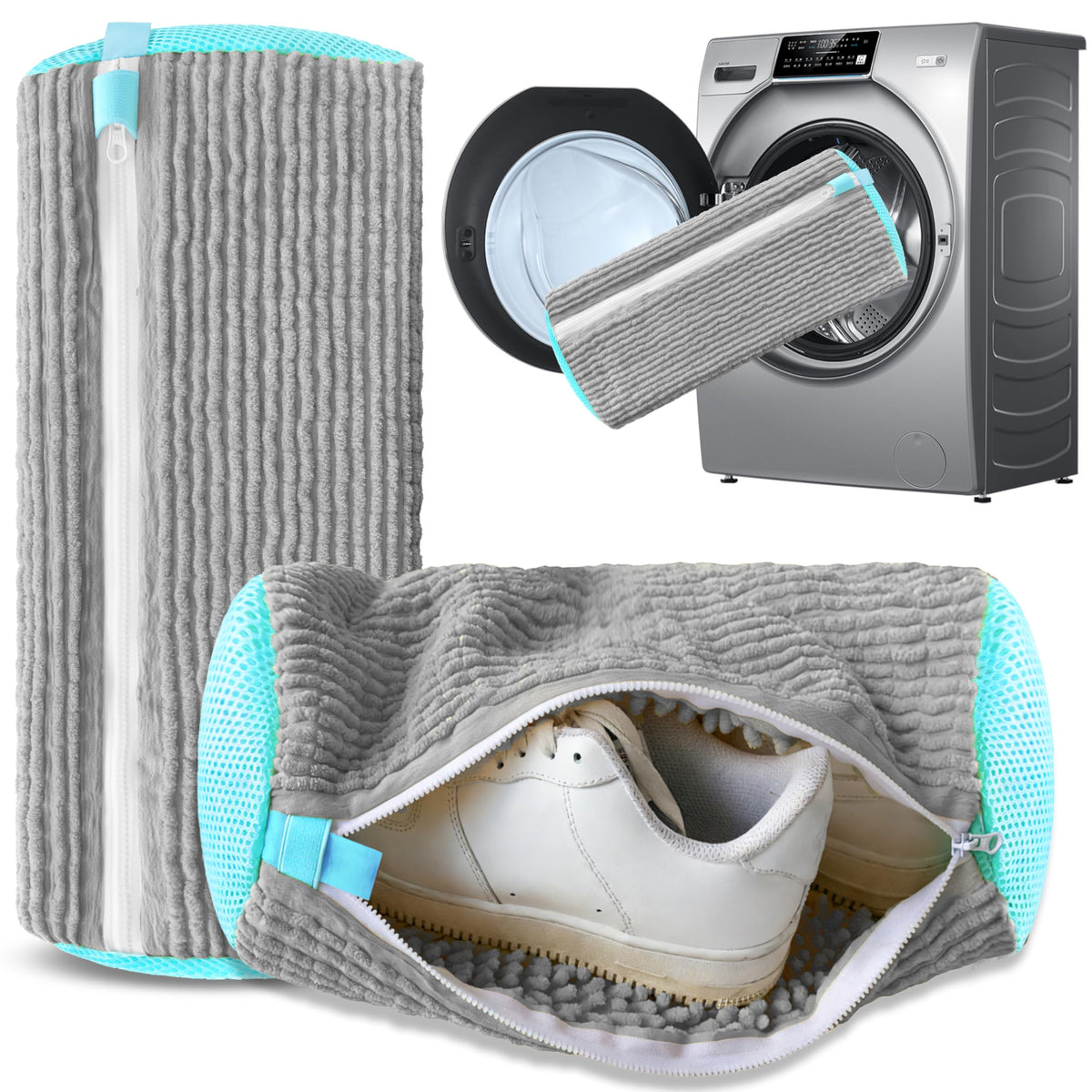 2-Pack Reusable Shoe Washing Machine Bag – White Protective Laundry Bag for All Shoes, Anti-Deformation &amp; Deep Clean with Zipper Lock (Grey)