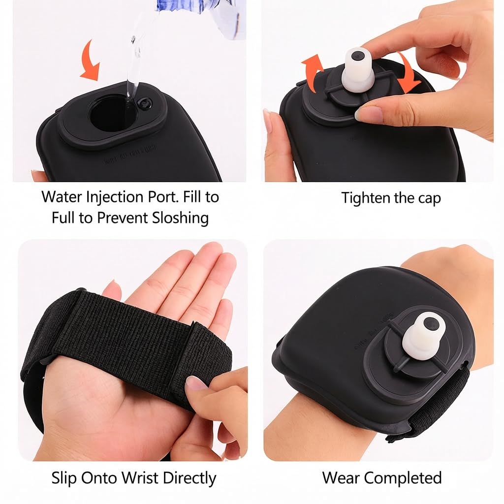 Wrist Water Bottle 7oz Hydration Flask – Hands-Free Leak-Proof Silicone Drink Container for Running, Cycling, Hiking & Fitness Training (Black)