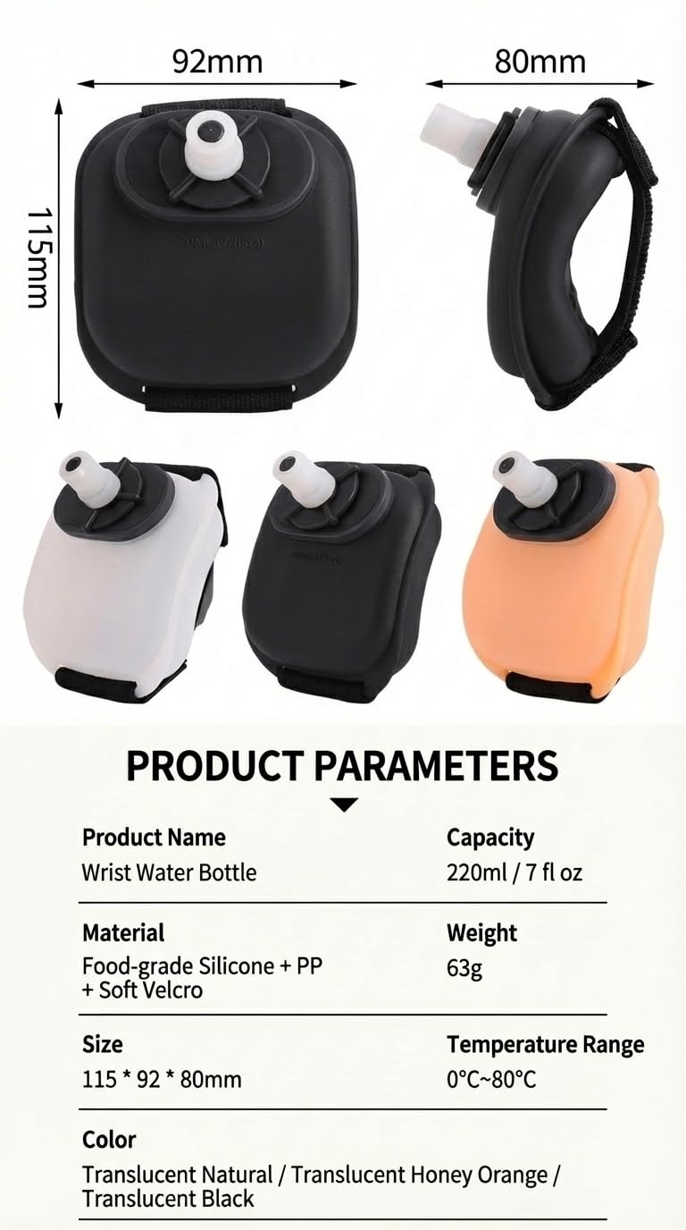 Wrist Water Bottle 7oz Hydration Flask – Hands-Free Leak-Proof Silicone Drink Container for Running, Cycling, Hiking & Fitness Training (Black)