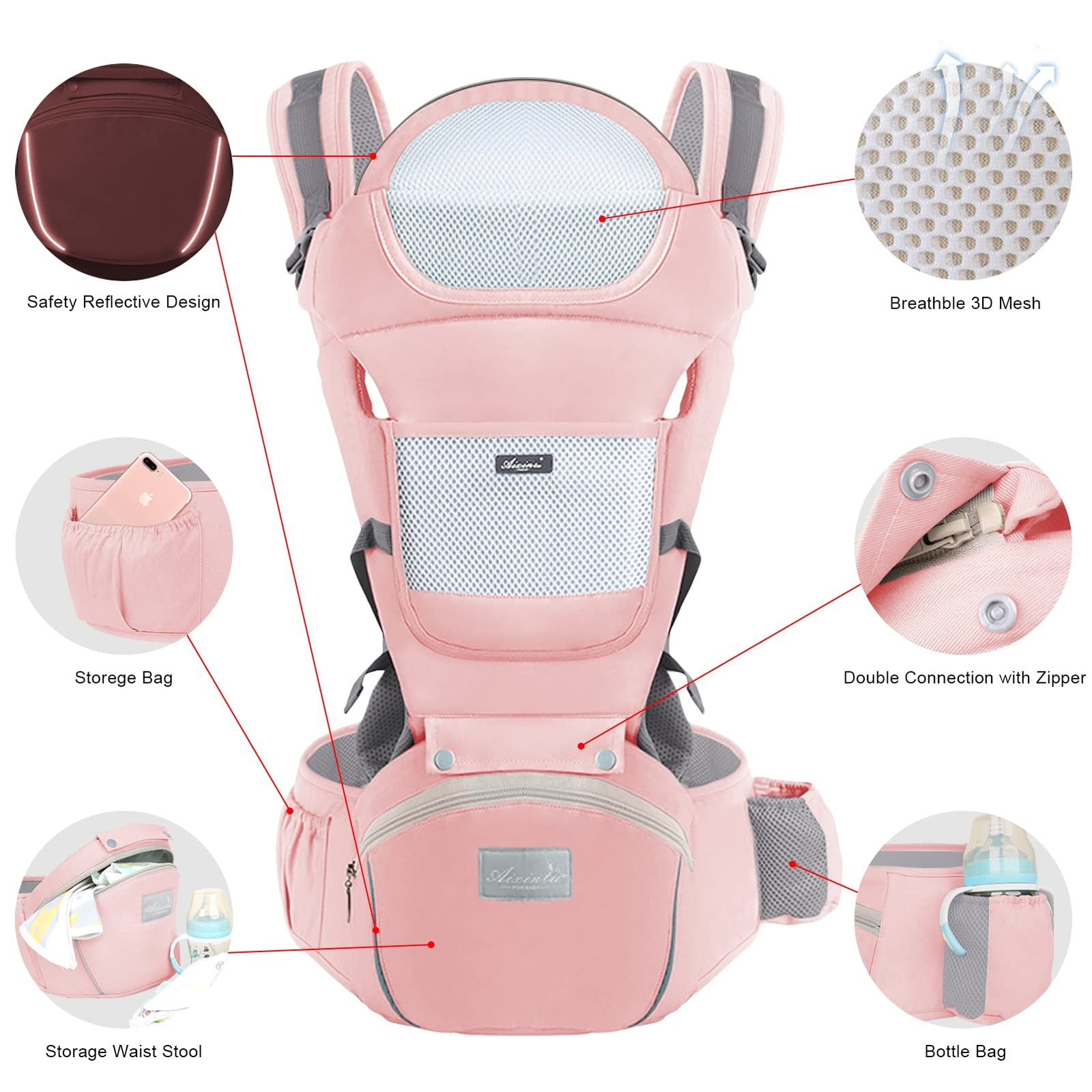 6-in-1 Adjustable Baby Carrier with Hip Seat – 11.8–15.7in Adjustable Height, Breathable Mesh & Multi-Position Carry for Newborn to 36 Months (Pink)