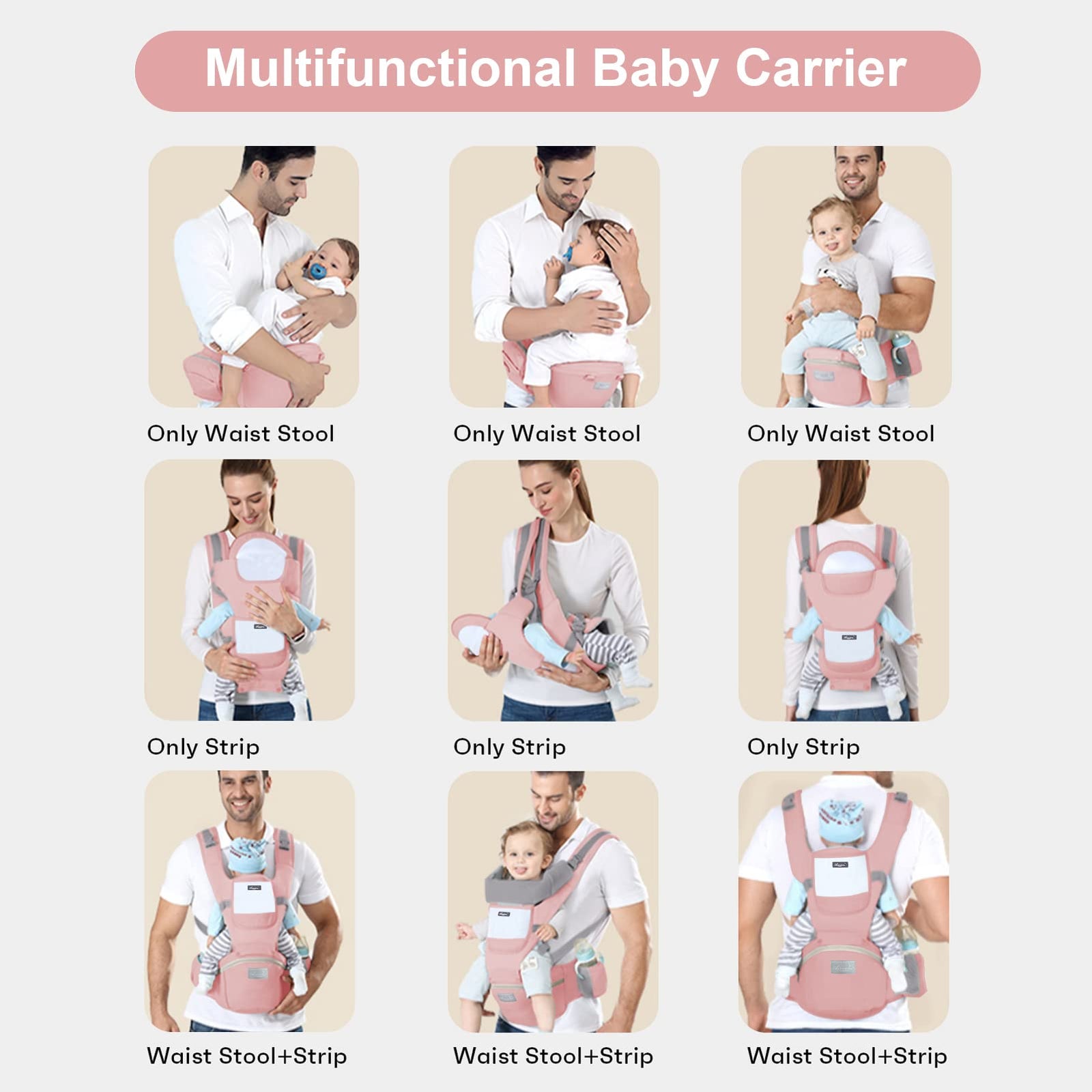 6-in-1 Adjustable Baby Carrier with Hip Seat – 11.8–15.7in Adjustable Height, Breathable Mesh & Multi-Position Carry for Newborn to 36 Months (Pink)