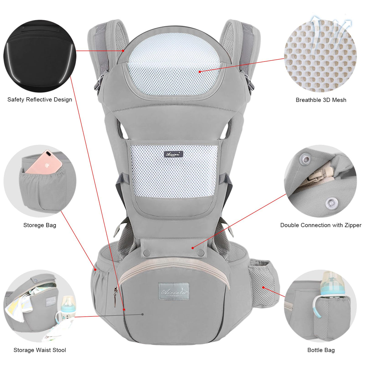 6-in-1 Adjustable Baby Carrier with Hip Seat – 11.8–15.7in Adjustable Height, Breathable Mesh & Multi-Position Carry for Newborn to 36 Months (Grey)
