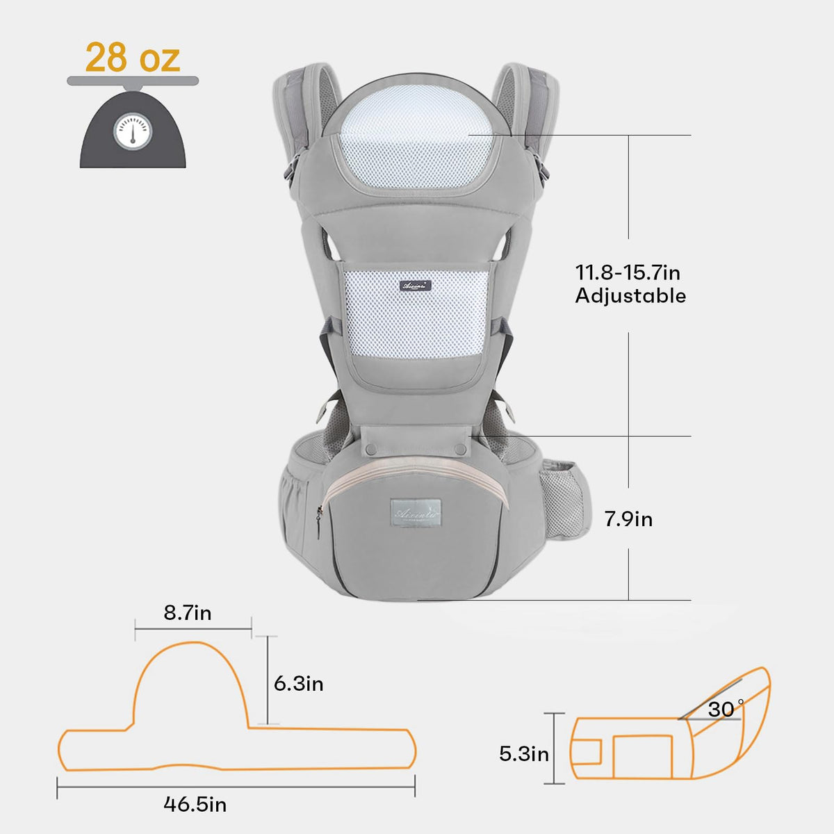6-in-1 Adjustable Baby Carrier with Hip Seat – 11.8–15.7in Adjustable Height, Breathable Mesh & Multi-Position Carry for Newborn to 36 Months (Grey)