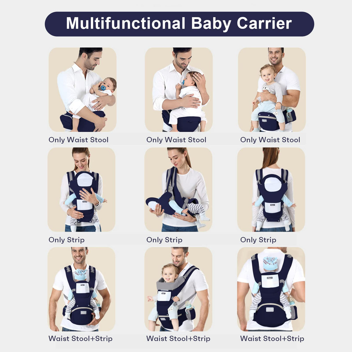 6-in-1 Adjustable Baby Carrier with Hip Seat – 11.8–15.7in Adjustable Height, Breathable Mesh & Multi-Position Carry for Newborn to 36 Months (Blue)