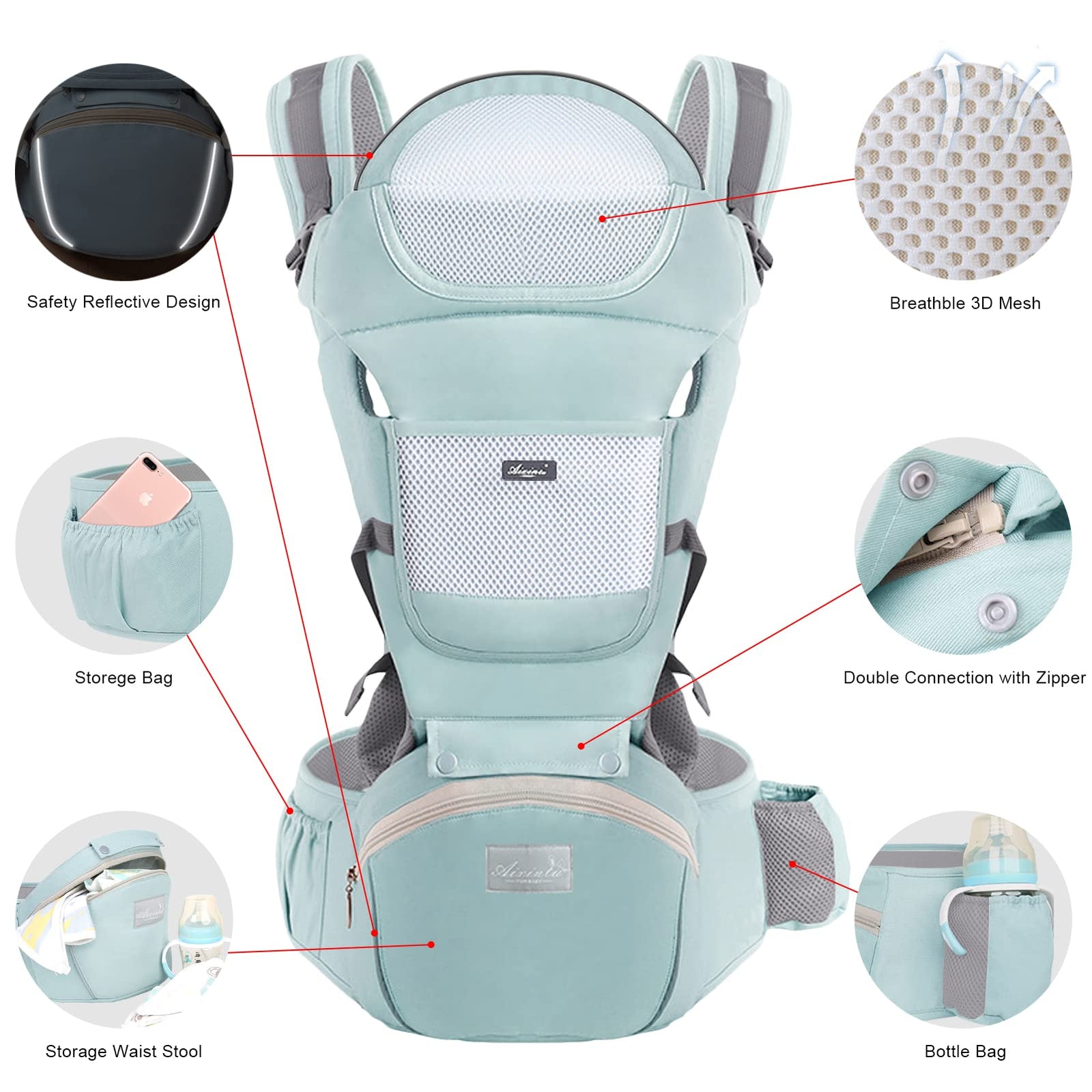 6-in-1 Adjustable Baby Carrier with Hip Seat – 11.8–15.7in Adjustable Height, Breathable Mesh & Multi-Position Carry for Newborn to 36 Months (Green)