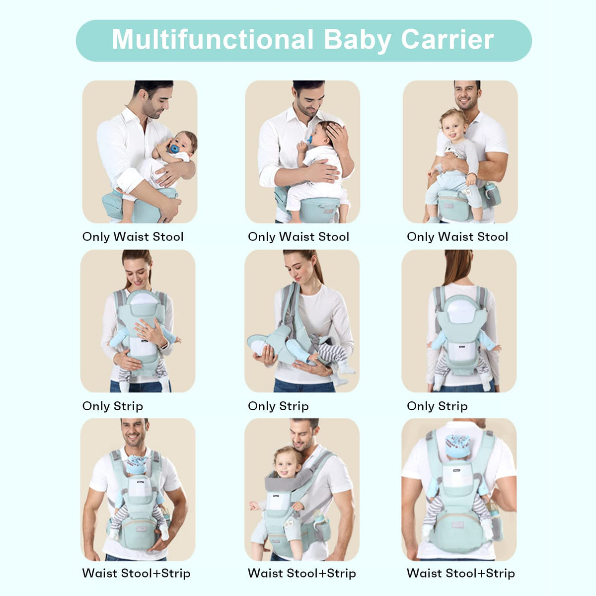 6-in-1 Adjustable Baby Carrier with Hip Seat – 11.8–15.7in Adjustable Height, Breathable Mesh & Multi-Position Carry for Newborn to 36 Months (Green)