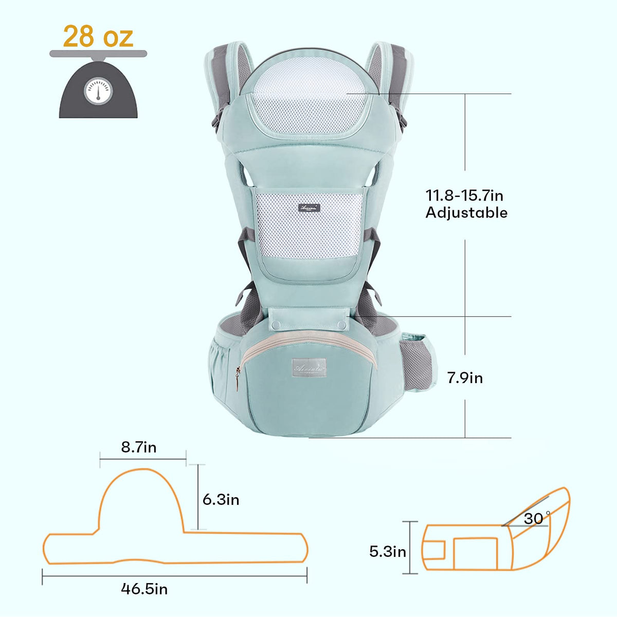 6-in-1 Adjustable Baby Carrier with Hip Seat – 11.8–15.7in Adjustable Height, Breathable Mesh & Multi-Position Carry for Newborn to 36 Months (Green)