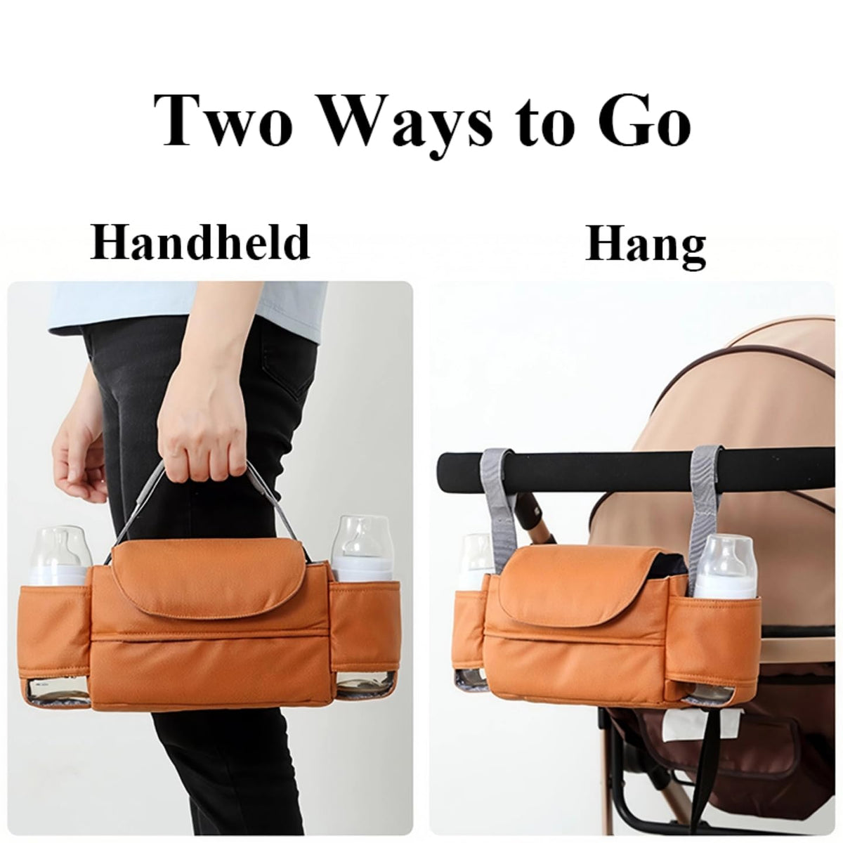 Universal Stroller Organizer Bag with Front Tissue Dispenser, Bottle Holders & Large Storage – Perfect for Daily Outings with Baby (Orange)