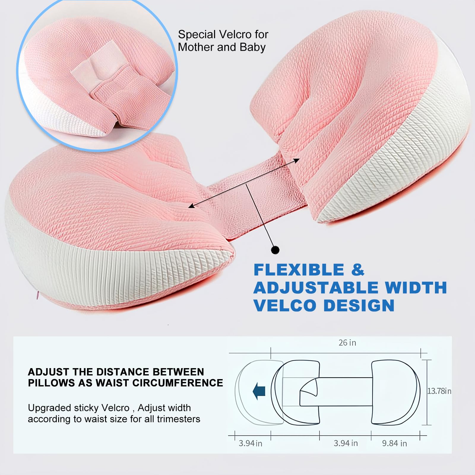Adjustable Pregnancy Pillow with Velcro Design – Side Sleeping Support for Back, Belly, Hips & Legs, Travel-Friendly Maternity Pillow with Bonus Auxiliary Pillow(Red)