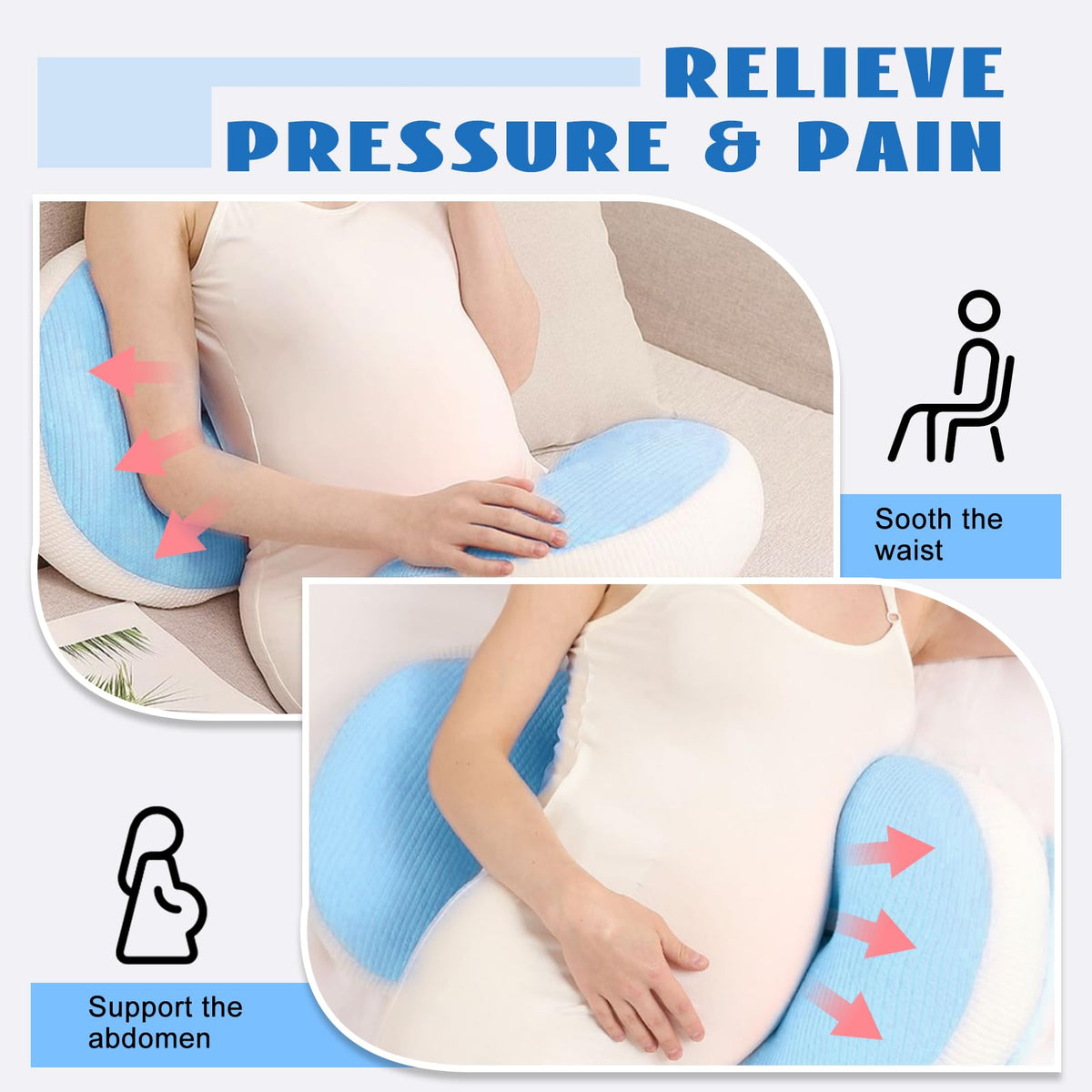 Adjustable Pregnancy Pillow with Velcro Design – Side Sleeping Support for Back, Belly, Hips & Legs, Travel-Friendly Maternity Pillow with Bonus Auxiliary Pillow(Blue)