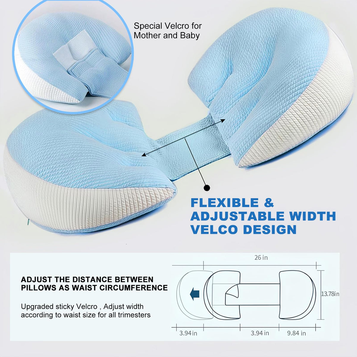 Adjustable Pregnancy Pillow with Velcro Design – Side Sleeping Support for Back, Belly, Hips & Legs, Travel-Friendly Maternity Pillow with Bonus Auxiliary Pillow(Blue)