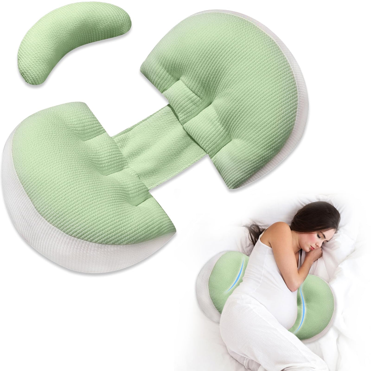 Adjustable Pregnancy Pillow with Velcro Design – Side Sleeping Support for Back, Belly, Hips &amp; Legs, Travel-Friendly Maternity Pillow with Bonus Auxiliary Pillow(Green)