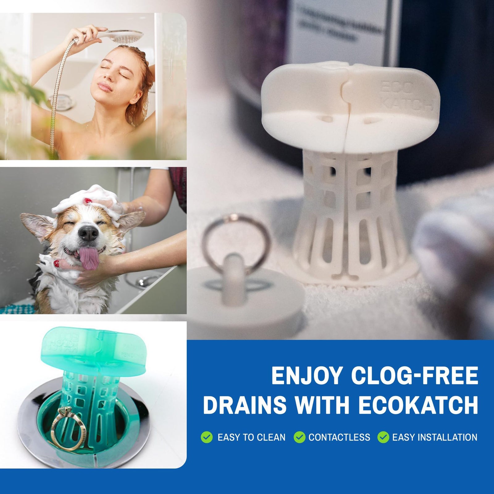 Bathtub Hair Catcher with Handle – No-Touch Drain Filter for Shower and Tub, Reusable Clog Preventer 2-Pack (Blue)