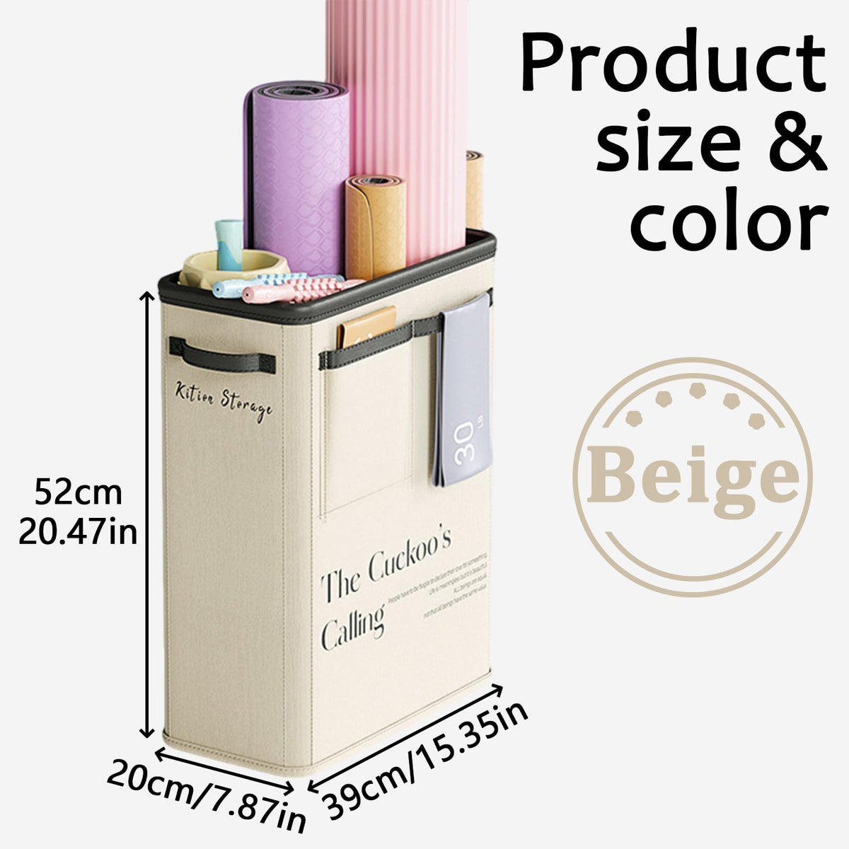 Large Capacity Foldable Yoga Mat Storage Basket – Waterproof Fabric Organizer for Gym Equipment, Dumbbells, Foam Rollers, and Mats with Side Pockets and Handle (Beige)