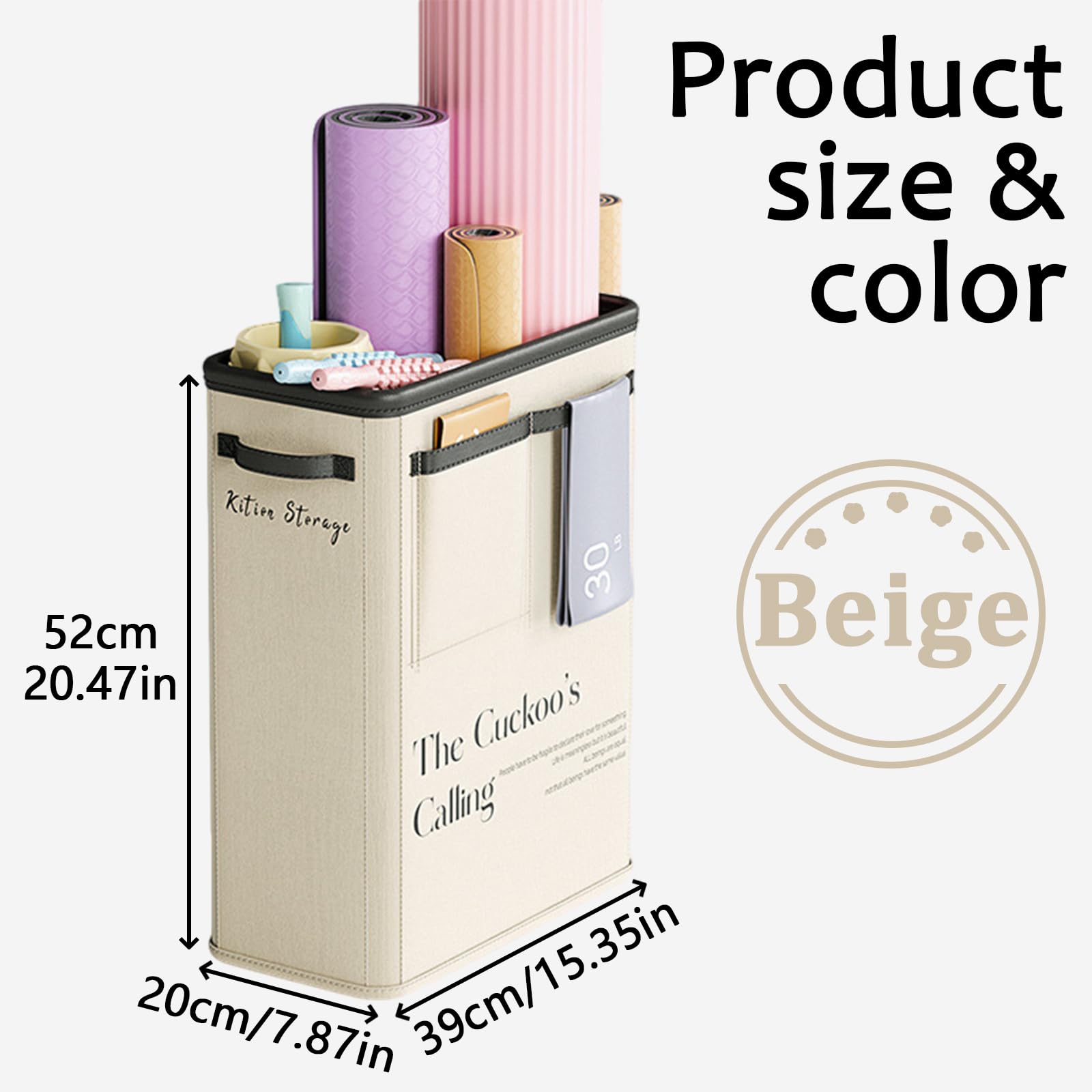 Large Capacity Foldable Yoga Mat Storage Basket – Waterproof Fabric Organizer for Gym Equipment, Dumbbells, Foam Rollers, and Mats with Side Pockets and Handle (Beige)