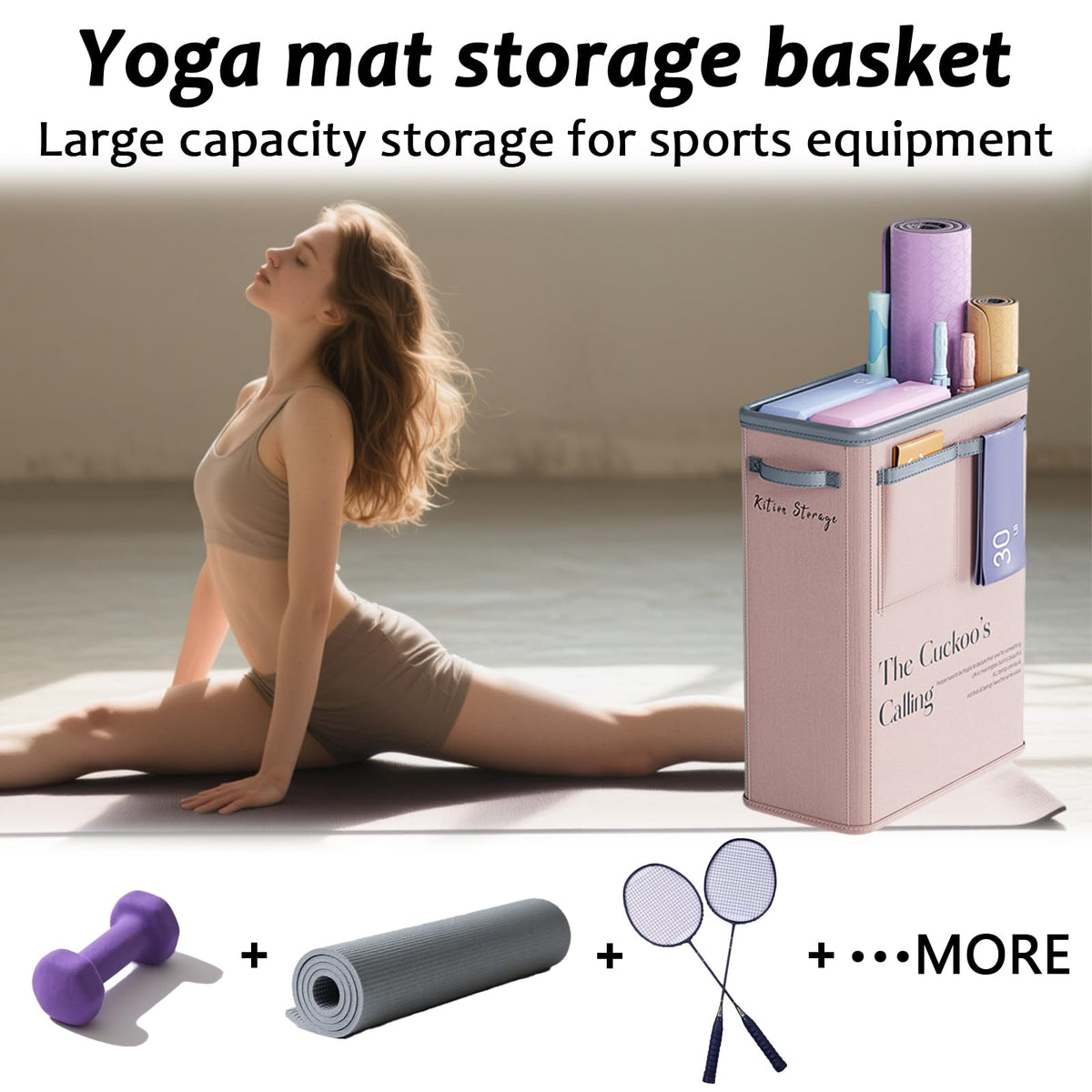 Large Capacity Foldable Yoga Mat Storage Basket – Waterproof Fabric Organizer for Gym Equipment, Dumbbells, Foam Rollers, and Mats with Side Pockets and Handle (Beige)