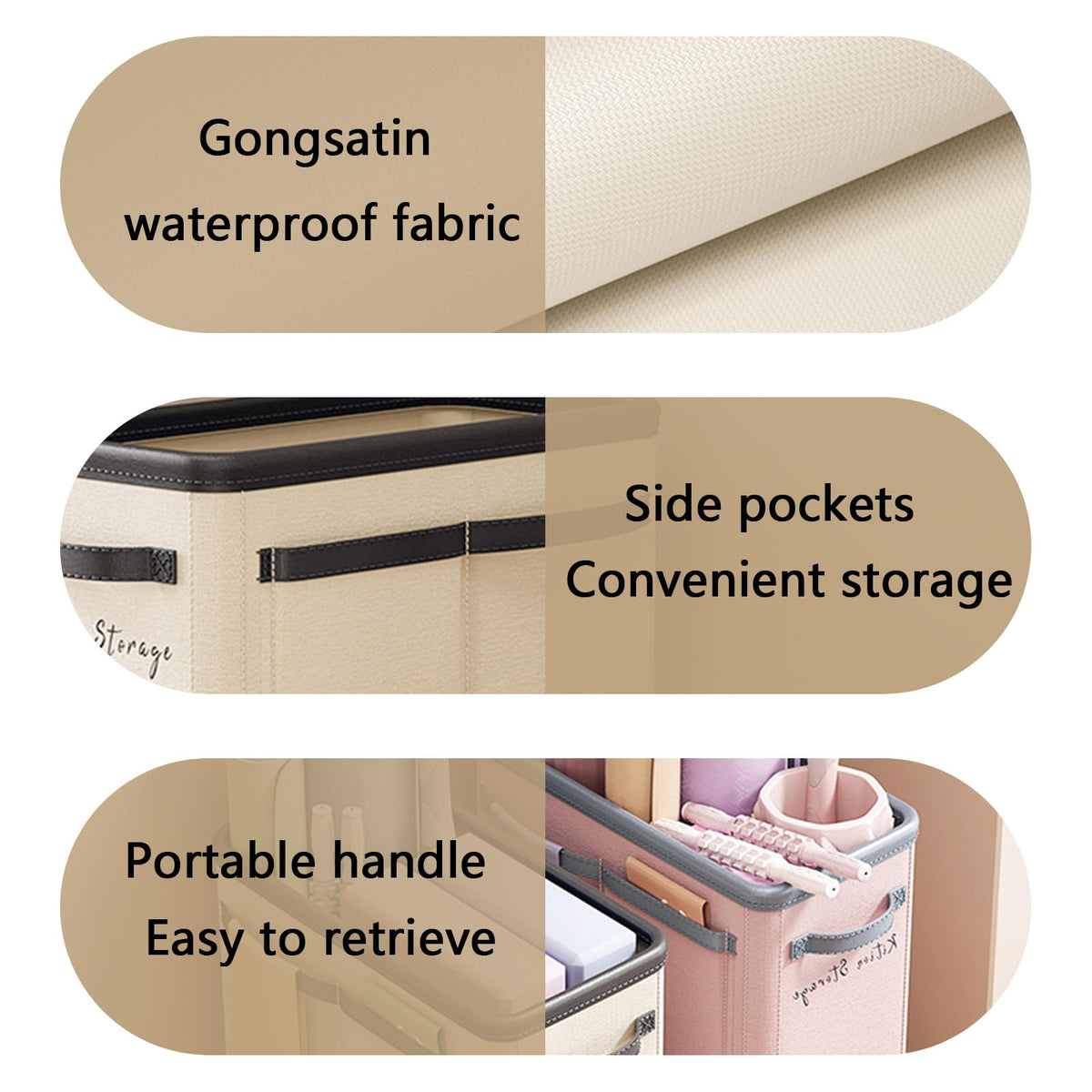 Large Capacity Foldable Yoga Mat Storage Basket – Waterproof Fabric Organizer for Gym Equipment, Dumbbells, Foam Rollers, and Mats with Side Pockets and Handle (Beige)