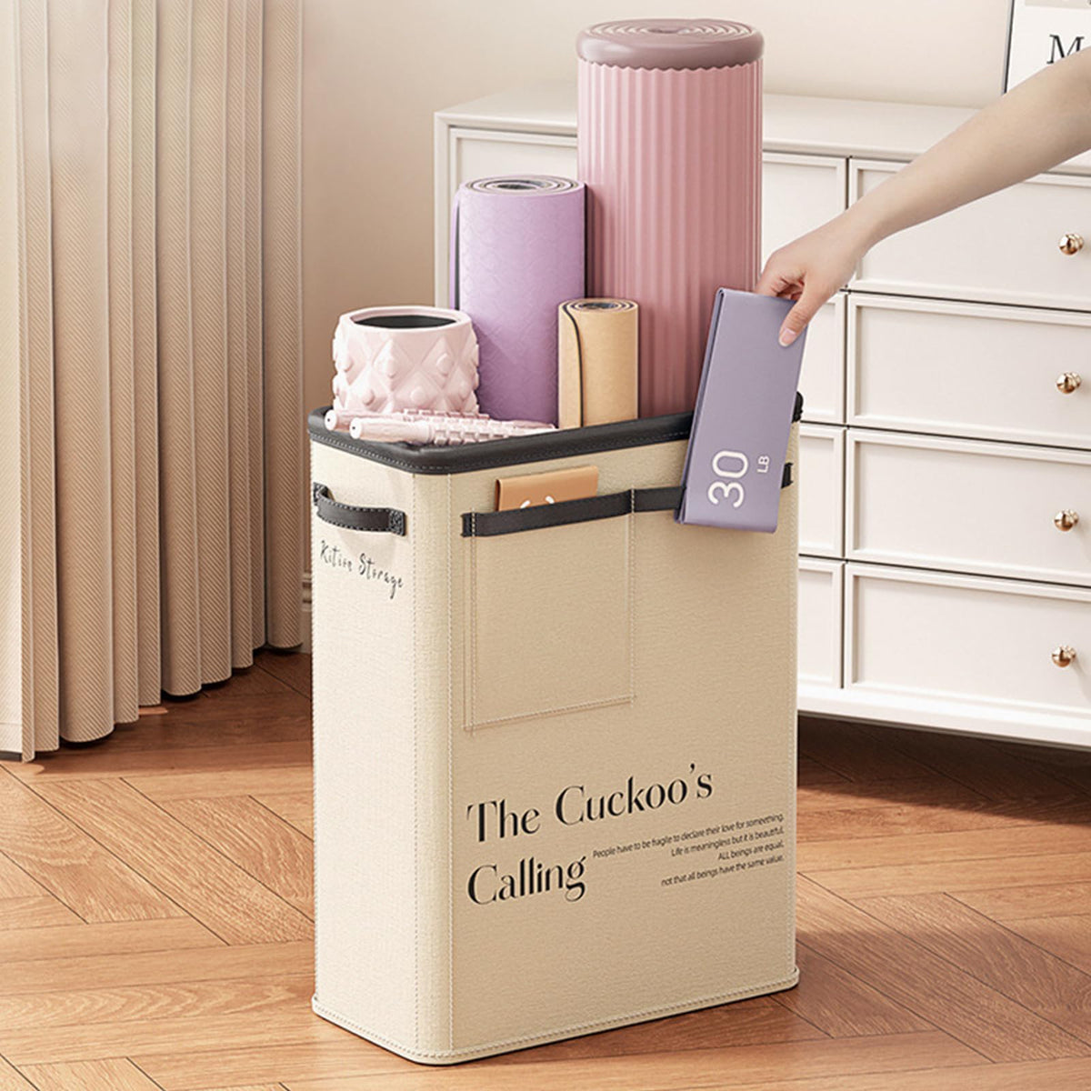 Large Capacity Foldable Yoga Mat Storage Basket – Waterproof Fabric Organizer for Gym Equipment, Dumbbells, Foam Rollers, and Mats with Side Pockets and Handle (Beige)