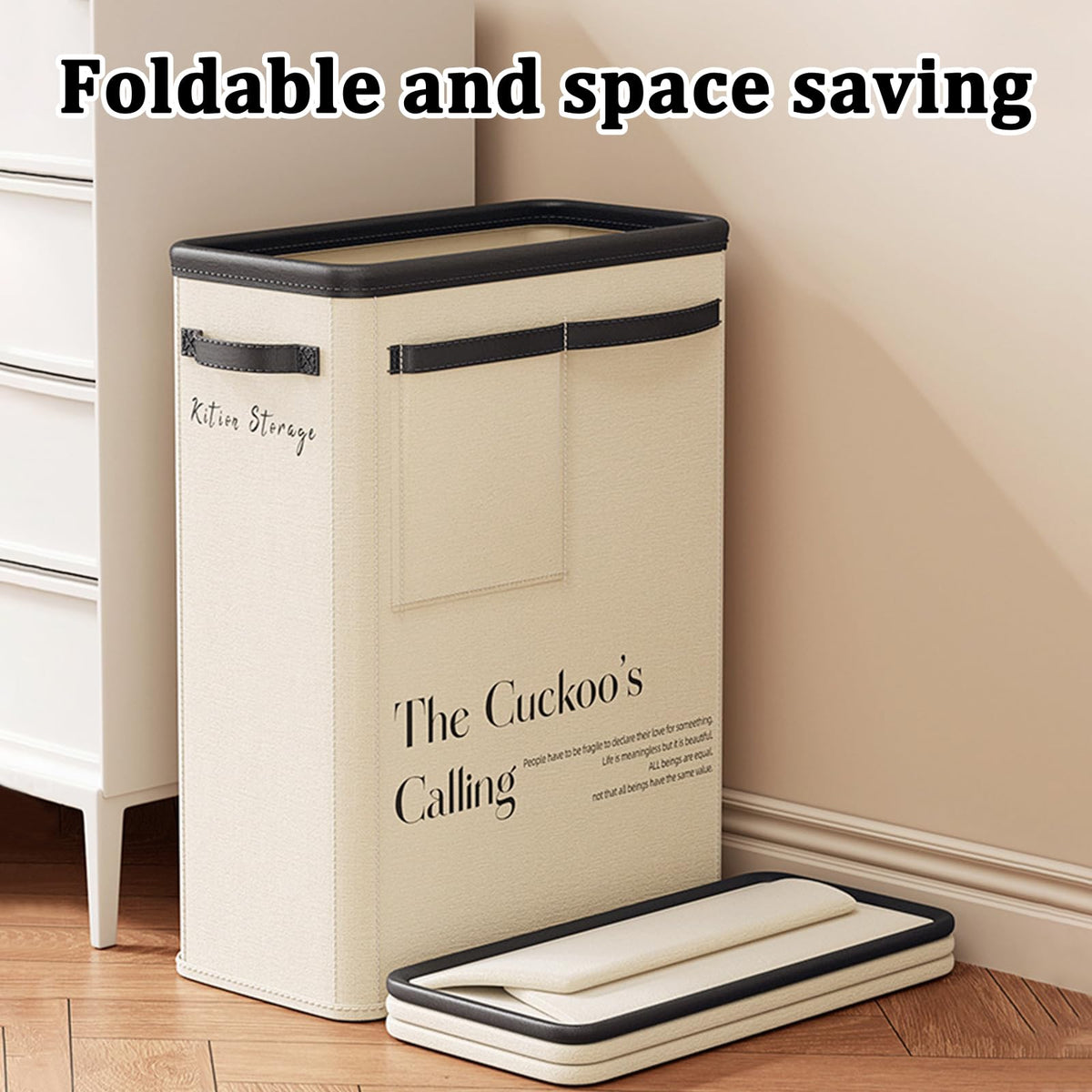 Large Capacity Foldable Yoga Mat Storage Basket – Waterproof Fabric Organizer for Gym Equipment, Dumbbells, Foam Rollers, and Mats with Side Pockets and Handle (Beige)