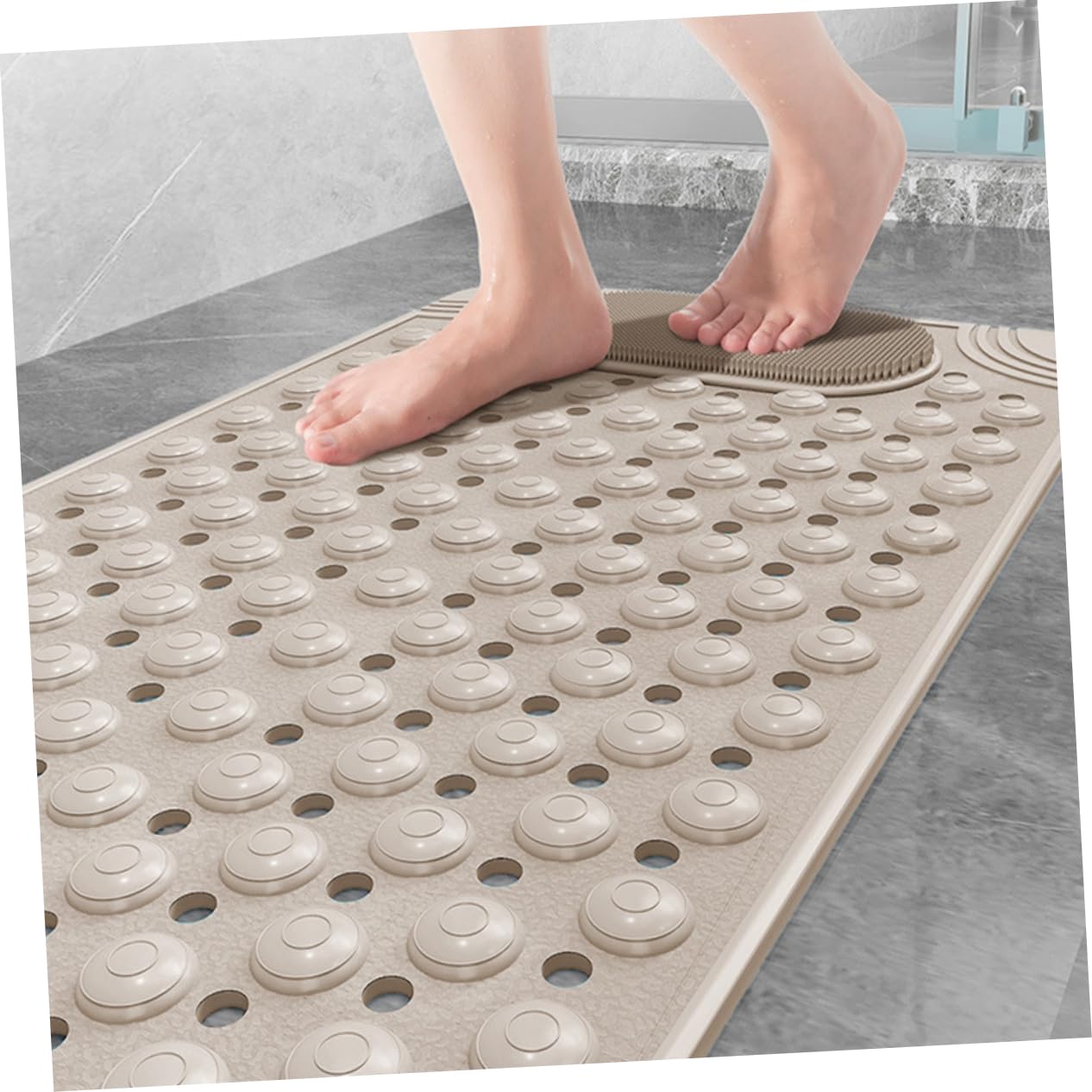 Non-Slip Bath Mat with Foot Scrubber – 70 x 36 cm, Anti-Skid Suction Cups & Drain Holes, Waterproof Shower Floor Pad with Exfoliating Brush(Grey)
