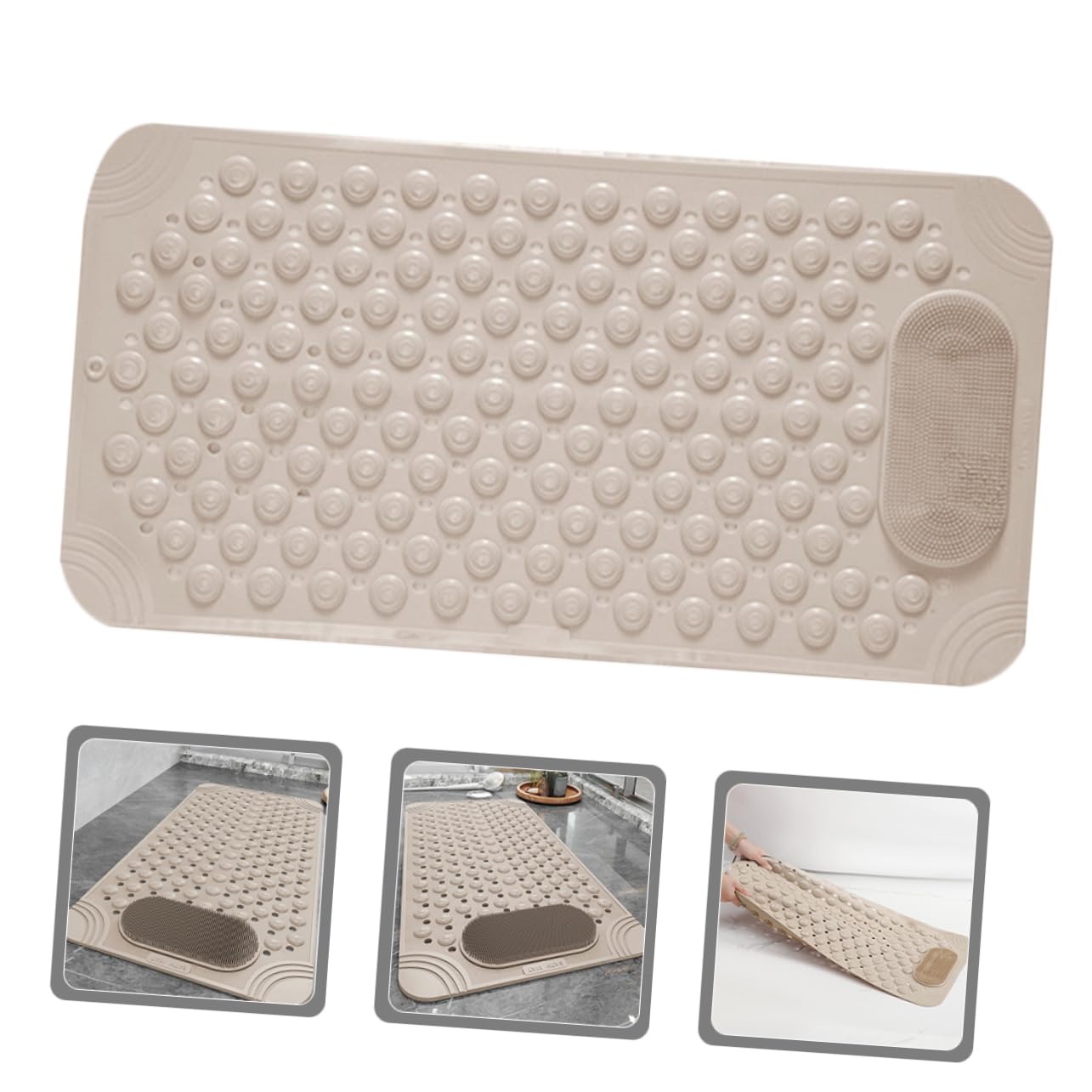 Non-Slip Bath Mat with Foot Scrubber – 70 x 36 cm, Anti-Skid Suction Cups & Drain Holes, Waterproof Shower Floor Pad with Exfoliating Brush(Grey)
