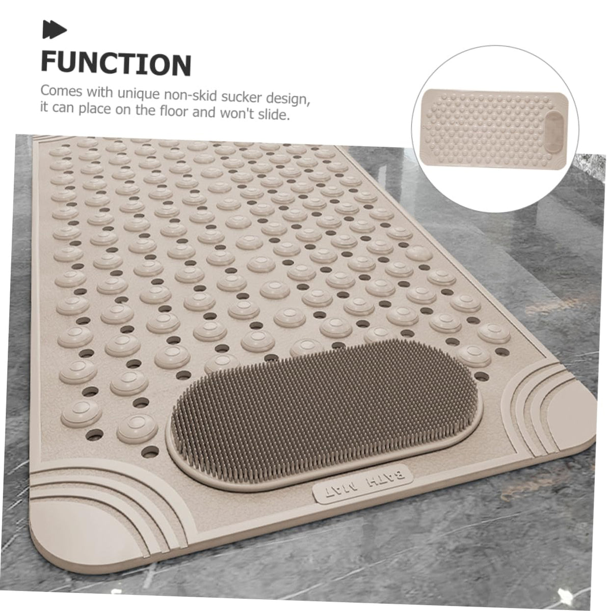 Non-Slip Bath Mat with Foot Scrubber – 70 x 36 cm, Anti-Skid Suction Cups & Drain Holes, Waterproof Shower Floor Pad with Exfoliating Brush(Grey)