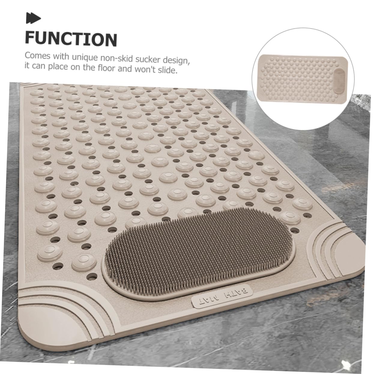 Non-Slip Bath Mat with Foot Scrubber – 80 x 80 cm, Anti-Skid Suction Cups & Drain Holes, Waterproof Shower Floor Pad with Exfoliating Brush(Grey)