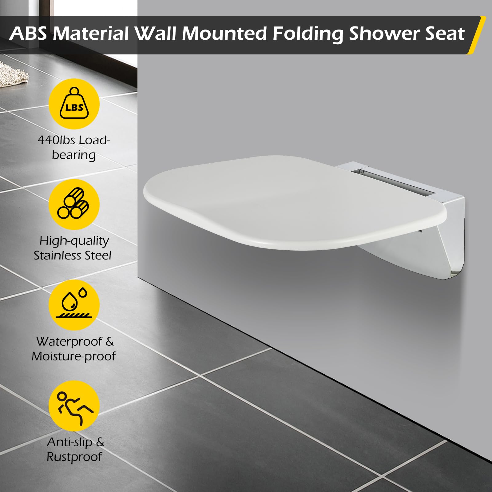 Wall Mounted Folding Shower Seat 440 lbs Load-Bearing – ABS Material Bathroom Stool with Stainless Steel Frame, Foldable 90° for Sauna, Hospital, Home Use (White)