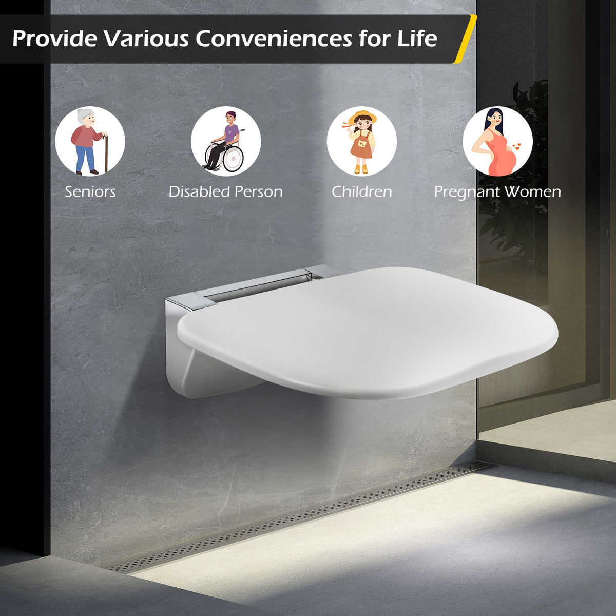 Wall Mounted Folding Shower Seat 440 lbs Load-Bearing – ABS Material Bathroom Stool with Stainless Steel Frame, Foldable 90° for Sauna, Hospital, Home Use (White)