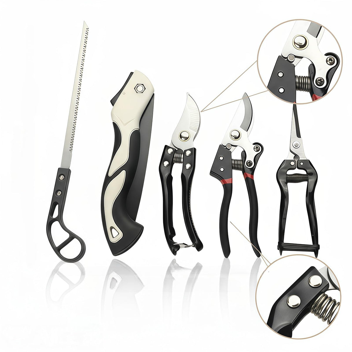Heavy-Duty 5-Piece Gardening Tool Set – 3 Pruning Shears &amp; 2 Folding Saws, Stainless Steel Blades, Ergonomic Handles, Compact Storage – Ideal for Trees, Shrubs, Camping, and Gift-Giving