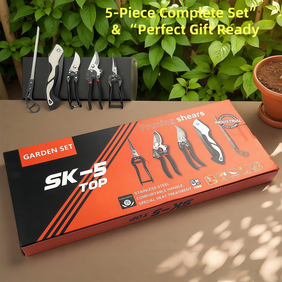 Heavy-Duty 5-Piece Gardening Tool Set – 3 Pruning Shears & 2 Folding Saws, Stainless Steel Blades, Ergonomic Handles, Compact Storage – Ideal for Trees, Shrubs, Camping, and Gift-Giving