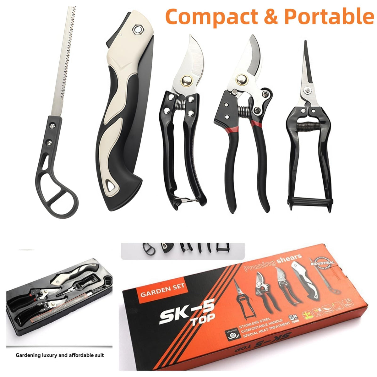 Heavy-Duty 5-Piece Gardening Tool Set – 3 Pruning Shears & 2 Folding Saws, Stainless Steel Blades, Ergonomic Handles, Compact Storage – Ideal for Trees, Shrubs, Camping, and Gift-Giving