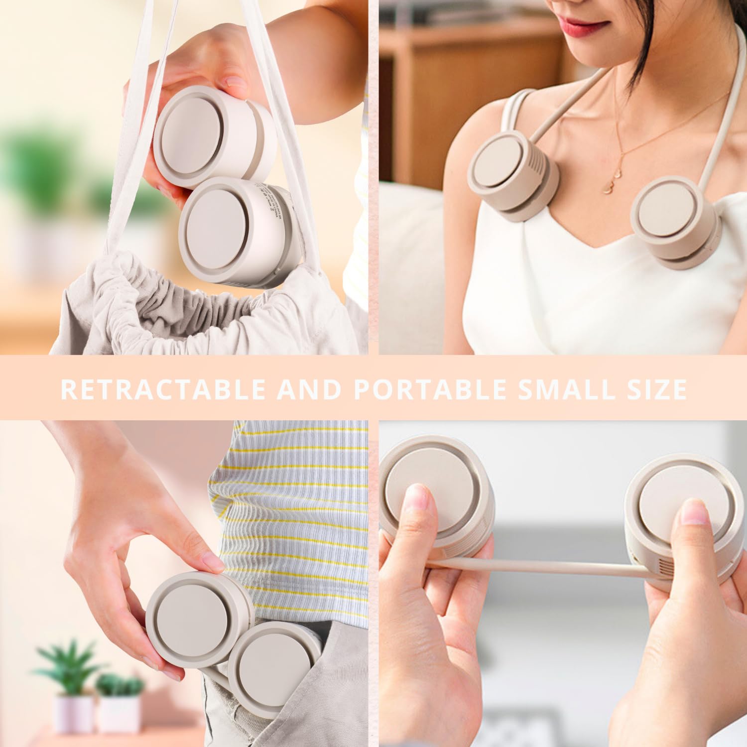 Portable Neck Fan with 1600mAh Battery – Foldable Bladeless Fan for Outdoor, Travel & Gym Use – 3-Speed Adjustable Cooling, USB-C Charging (Apricot)