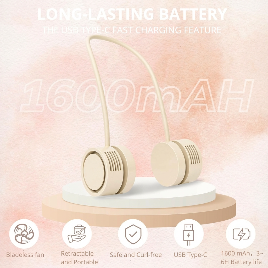 Portable Neck Fan with 1600mAh Battery – Foldable Bladeless Fan for Outdoor, Travel & Gym Use – 3-Speed Adjustable Cooling, USB-C Charging (Apricot)