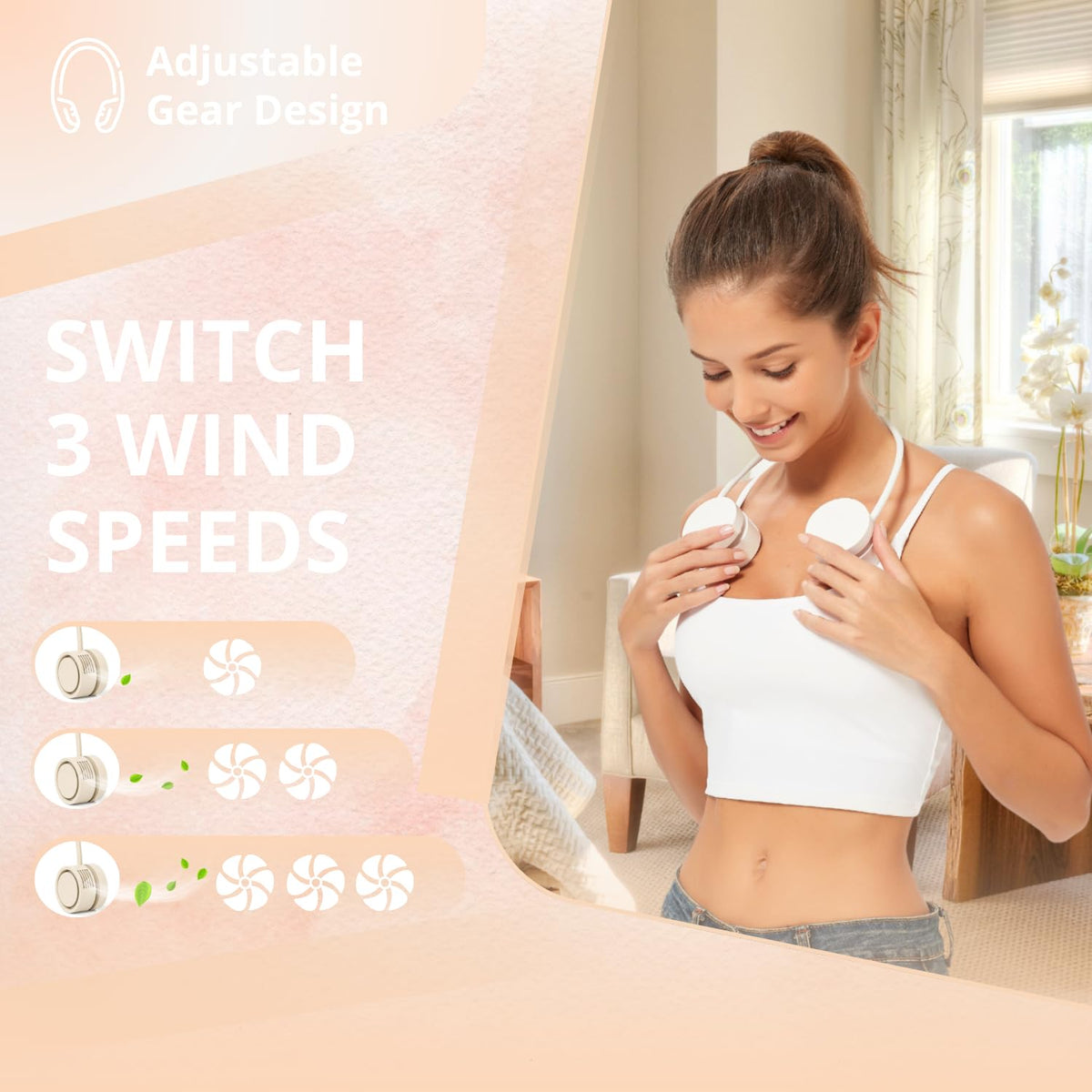 Portable Neck Fan with 1600mAh Battery – Foldable Bladeless Fan for Outdoor, Travel & Gym Use – 3-Speed Adjustable Cooling, USB-C Charging (Apricot)