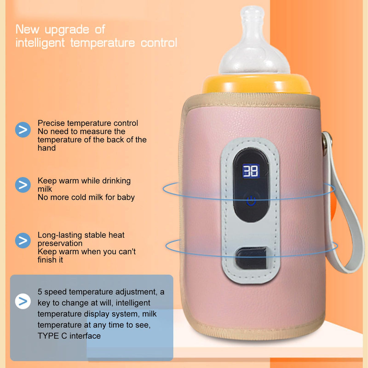 USB Baby Bottle Warmer – Portable Digital Milk Heater with 5-Temperature Settings, Rechargeable and Waterproof for Travel and Home Use (Pink)