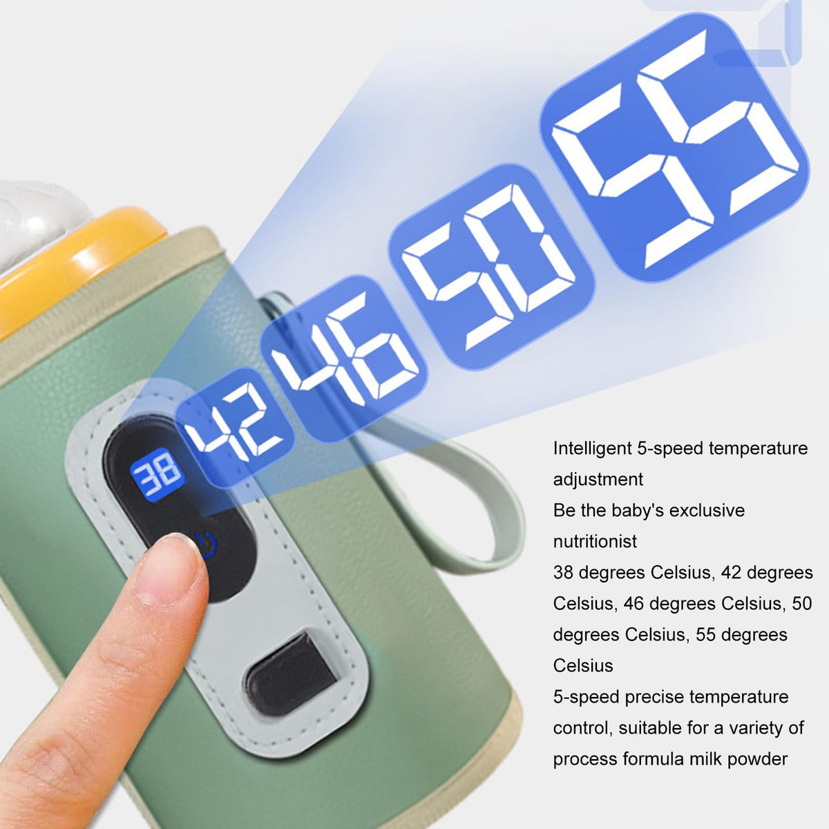 USB Baby Bottle Warmer – Portable Digital Milk Heater with 5-Temperature Settings, Rechargeable and Waterproof for Travel and Home Use (Green)