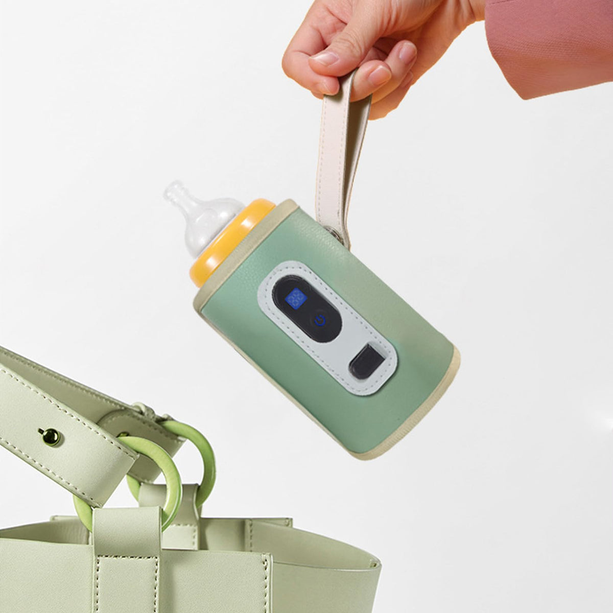 USB Baby Bottle Warmer – Portable Digital Milk Heater with 5-Temperature Settings, Rechargeable and Waterproof for Travel and Home Use (Green)